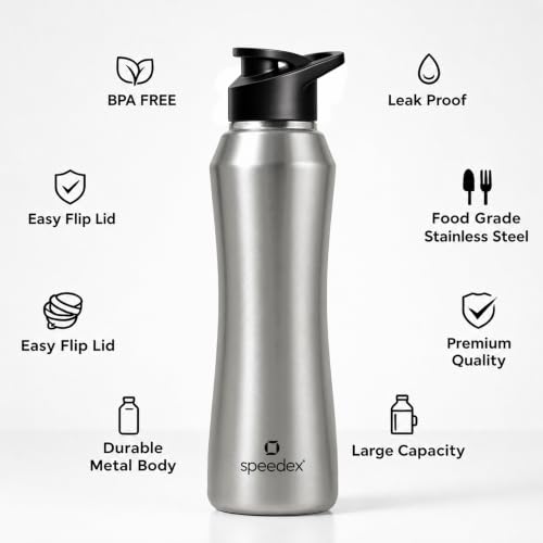 Image of Speedex Stainless Steel Water Bottle 1 Ltr, 1000 ml Metal Bottle For Daily, Office, School, Gym, Travel Use for Men, Women, Kids, Adults-Leak Proof Sipper Cap, BIS Approved, Silver, Set of 2