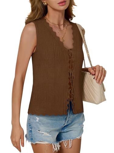 Image of COCCKO Womens Summer Tops Vacation Beach Outfits Cute Tie Front Crochet Vest Knit Sleeveless Sweaters