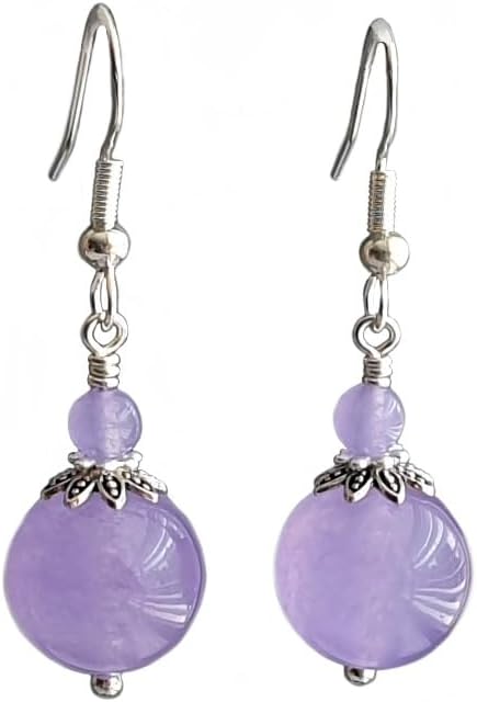 Lavender Lilac Jade Earrings 925 Sterling Silver Hooks Round Double Handmade Women Jewelry Tibetan Silver in Gift Box