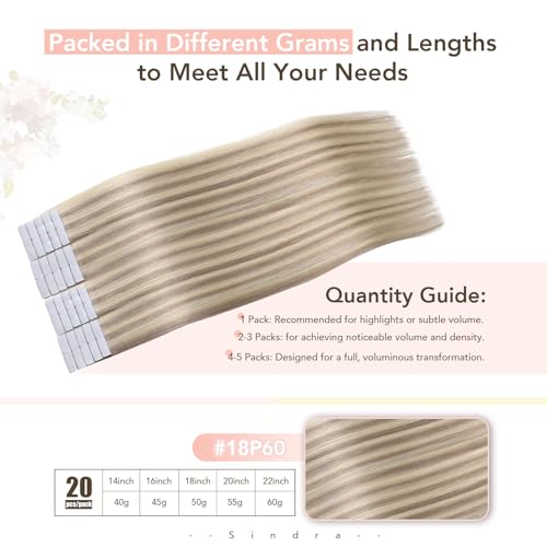 Image of Sindra Invisi Edge Tape in Hair Extensions Human Hair Blonde 18 Inch | Dirty Blonde Highlighted Bleach Blonde, 50g 20pcs, Seamless Injected Tape ins, Invisible Extensions Remy Hair, Straight