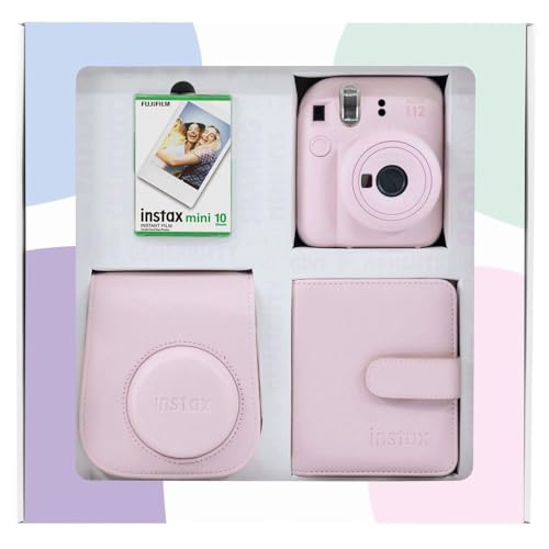Instax mini 12 Fotoğraf Makinesi 10'lu Film Kare Albüm ve Deri Kılıf Bundle Box (Pembe)