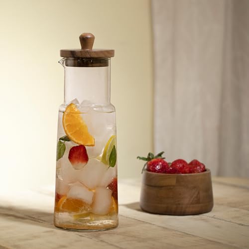 Image of Ellementry Glass Carafe with Wooden Lid - 1L, Clear Glass Pitcher for Hot & Cold Water, Juice, Coffee, Iced Tea, Milk, Cocktail & Wine, Transparent Beverage Server for Dining Table, Kitchen & Parties