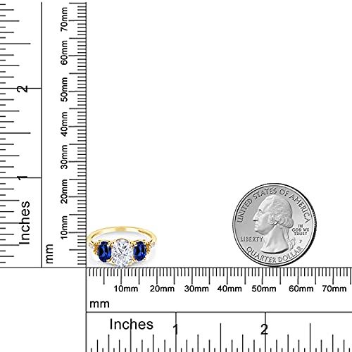 Gem Stone King 2.74 Cttw 10K Yellow Gold 3-Stone Ring for Women | White Moissanite Blue Created Sapphire and Diamond | Oval 8X6MM and 6X4MM | Available In Size 5-93