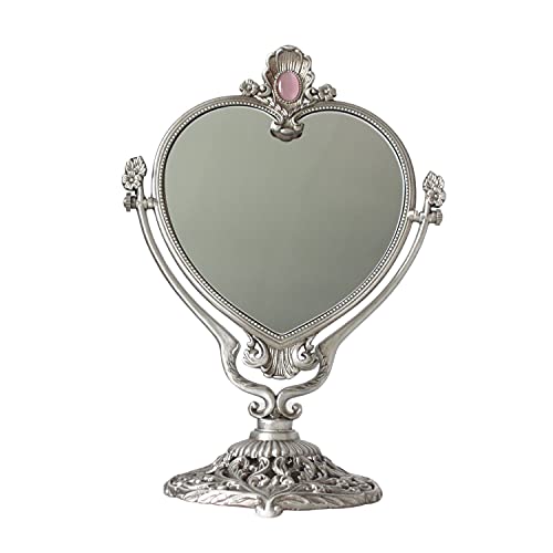 Sehamano Vintage Heart Shaped Vanity Mirror With Embossed Feather/Antique & Luxury Decorative Table Top Retro Mirror With Mounted Bead For Bedroom, Living Room And Room Decor (Tin (Matt Silver)) #TOP8