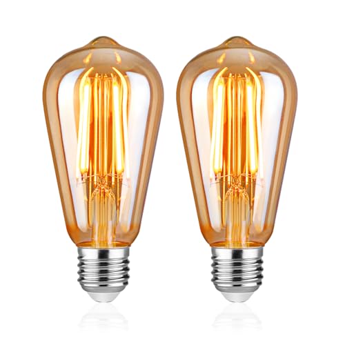 Uchrolls Vintage Edison Light Bulbs E27 Base, ST58 Warm White 2500K, Antique Retro Amber Glass Lamp 700LM, Screw LED Filament Bulb Squirrel Cage, 6W Equivalent to 60W, Non-dimmable, Pack of 2