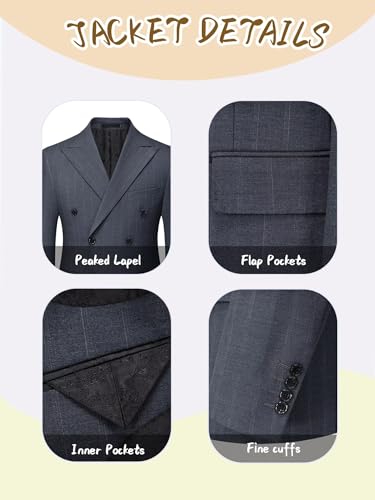 Mens Suit 4 Piece Striped Double Breasted Slim Fit Tuxedo Blazer Pants Shirt Tie Business Wedding Prom Party Dinner Date3