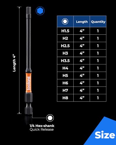 Image of toolant Impact Hex Head Allen Wrench Drill Bit Set 10pcs (Metric), 1 /4 inch Hex-Shank S2 Steel Hex Bits Set, CNC Machined Tips with Magnetism, 4 inch Long with Storage Box