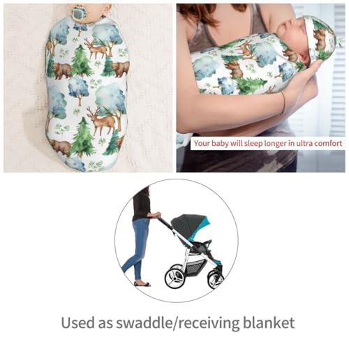 Image of Cute Animal Tree Bears Deer Newborn Swaddle Blanket with Beanie Hat Set Soft Baby Receiving Blankets Swaddle Swaddle Blankets for Baby Boys and Girls