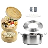 【料理研究家監修】手作り 竹セイロ セイロ専用用紙50枚付 本体2個・蓋１個セット 蒸篭IH対応鍋付き 業務用 せいろ蒸し器 (竹セイロ直径約18cm鍋付き)