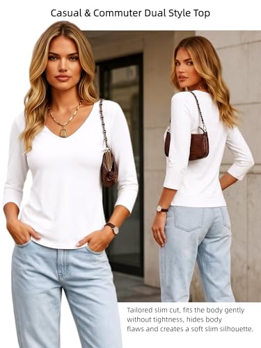 Image of Meetrendi Women's 3 /4 Sleeve Scoop Neck T-Shirt Cotton Blend Slim Fit Basic Tee Casual Spring Top 2026