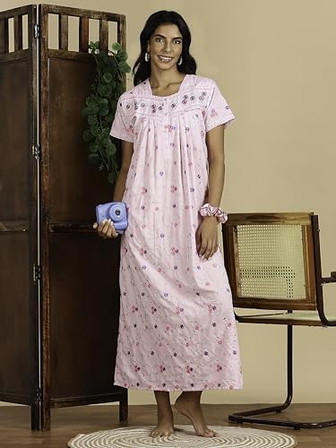 Image of 9shines Label Stylish Chikankari Cotton Nighty Maxi for Women | Full Length Nightgown | Nightdress with Pocket | Embroidery Nighty | Soft Comfortable Cotton Nightwear (1545)