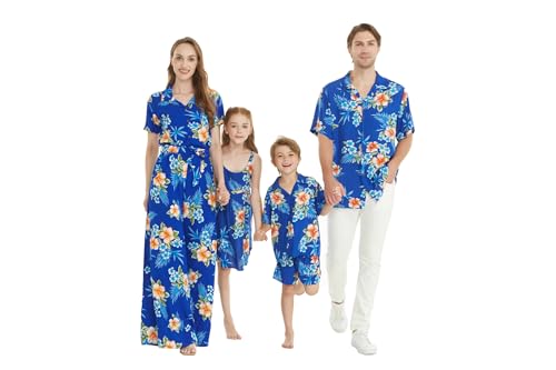 Matchable Family Hawaiian Luau Men Women Girl Boy Clothes in Hibiscus Blue