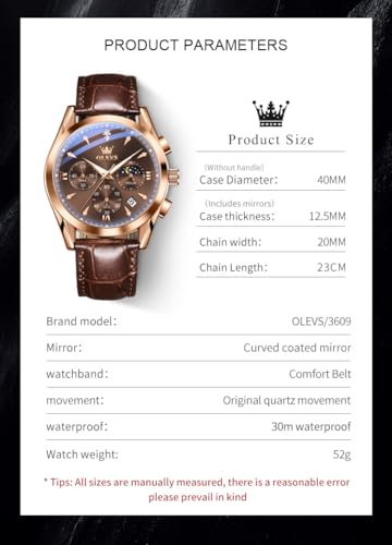 Image of OLEVS Men's Leather Analog Quartz Watch - Luxury Chronograph Wristwatch with Date, Waterproof, Luminous - Dress Style