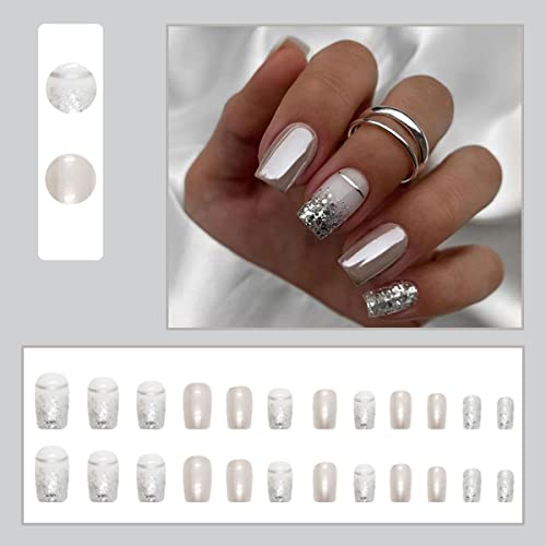 24Pcs Square Press On Nails Short Coffin Fake Nails Silver Reflective Mirror Metal Glitter Designs Exquisite Glue On Nails Full Cover False Nails With Glue Glossy Acrylic Nails For Women Girls #TOP1