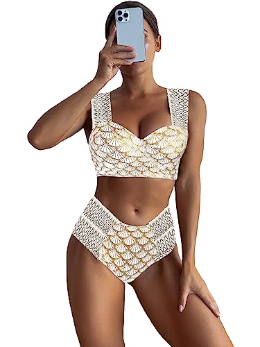 Maillot de bain 2 pièces femme imprimé métallique blanc or maillot de plage XL