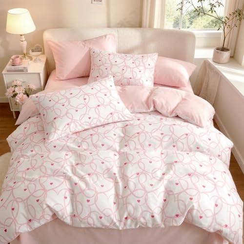 Freyamy Herz Bettwäsche 135x200 Herzen Weiß Rosa Mädchen Bettwäsche Set – Ansicht 3