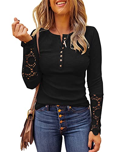 Limerose Women's Long Sleeve Lace Trim Tunic Tops Button Down Casual Blouse Cute Crew Neck Ribbed Shirt