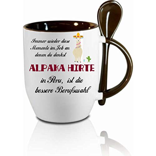 Crealuxe Tasse m. Löffel Alpaka Hirte in Peru ist die berssere Berufswahl Löffeltasse, Kaffeetasse m. Motiv,Bürotasse, Bedruckte Tasse mit Sprüchen oder Bildern -