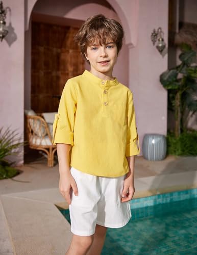 Image of Arshiner Boys Cotton Linen Henley Shirt Button Down Shirt Long Sleeve T Shirt Beach Shirt Tee Casual Solid Tops