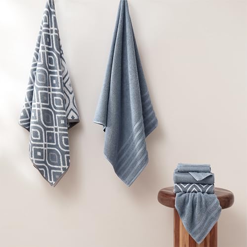 Image of Modern Threads 6 Piece Bath Towel Set - Bathroom Set with 2 Bath Towels, 2 Hand Towels, and 2 Wash Cloths - 100% Cotton, Super Absorbent & Extra Soft - Reversible Classic Diamond (Blue)