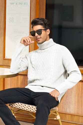 Angeun Mens Turtleneck Sweater Pullover Twisted Pattern Casual Loose Fit Thick Winter Long Sleeve Cable Knit Sweaters White #TOP1