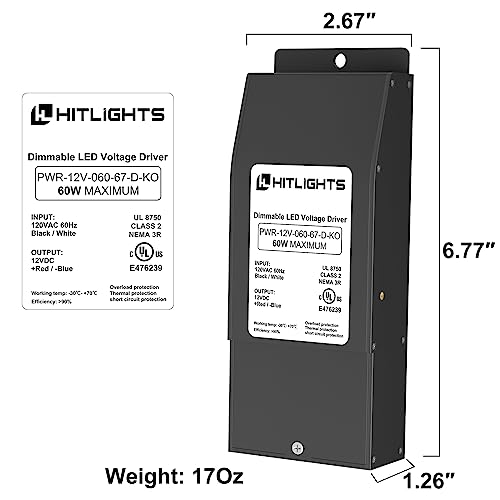 Image of HitLights Dimmable LED Driver 60W 12V DC, 120V AC Input to 12V DC Output, Class 2, Compatible with Lutron and Leviton, Constant Voltage, Bare Wire Connections, UL Listed, Made in USA