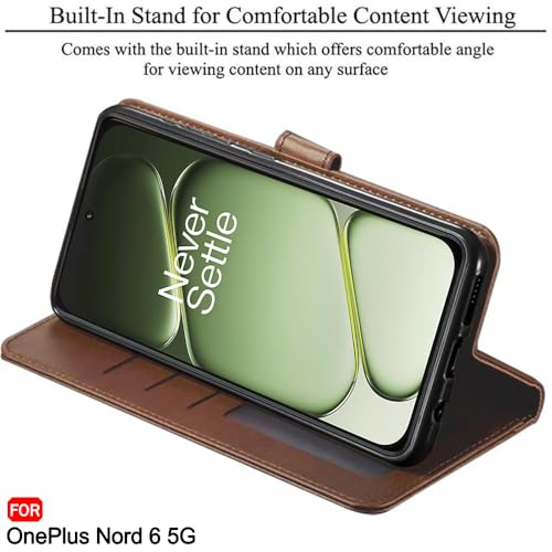 Image of TheGiftKart Genuine Leather Finish Flip Back Cover Case for OnePlus Nord 6 5G / CE 6 5G | Inbuilt Pockets & Stand | Wallet Style | Designer Button Magnet Flip Back Cover Case (Faux Leather, Brown)