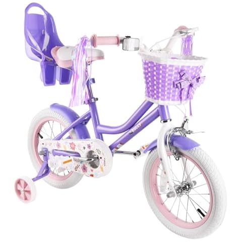 RULLY 16" Daisy Bike for Age 4 5 6 7 Year Old Toddlers and Girls,16" Kids Bike with Training Wheels & Basket, Retro Style in Purple Cover