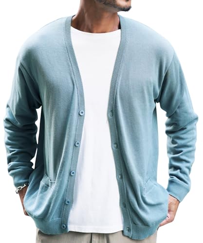 [JIGGYS SHOP] ジギーズショップ コットンカーディガン｜L スモークブルー 綿 cardigan スクールカーディガン ニット 春服 秋服 薄手 無地 長袖 Vネック 職場 オフィス ビジネス カジュアル 学生 冷房対策 シンプル 定番 黒 青 茶色 赤（Amazon）
