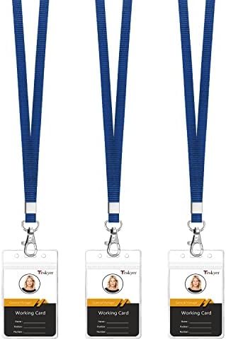 Teskyer Clear ID Badge Holder with Lanyard, Waterproof Extra Thick Plastic ID Card Holder with Resealable Zip, 2.5" x 3.5" Inner Size, Vertical Style, Set of 3, Blue
