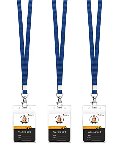 Teskyer Clear Id Badge Holder With Lanyard, Waterproof Extra Thick Plastic Id Card Holder With Resealable Zip, 2.5" X 3.5" Inner Size, Vertical Style, Set Of 3, Blue #TOP10