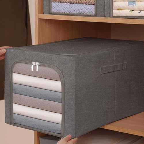Image of Yellow Weaves 2 Pcs Clothes Organizer for Wardrobe, Foldable, Stackable, Space Saver Closet Basket, Cupboard Almirah Organizer, Storage Box for Clothes (Grey, Large)