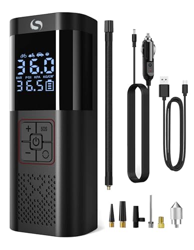SERVOMASTER Elektrische Luftpumpe Akku 150PSI 12V DC, Tragbar Mini Kompressor mit Manometer, Auto Zubehör für Männer, Luftpumpe Fahrrad für Auto Motorrad Fahrrad Bälle, Black-red