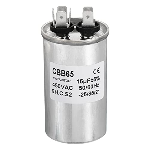 PATIKIL CBB65 15uF Funcionamiento Condensador, 15mfd 1uds AC 450V Aluminio Estuche con 2 Pasadores para Aire Acondicionado Compresor Motor Calor Bomba Condensador