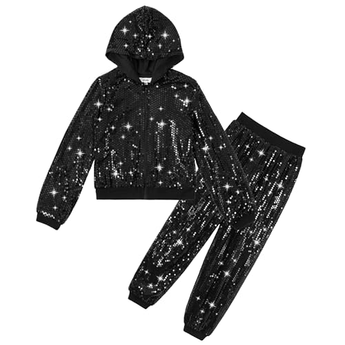 Image of LOLANTA 2Pcs Girls Dance Outfits Cropped Sequin Jacket Pants Set, Kids Hip Hop Dance Costumes for 80s 90s Party 5-15 Years
