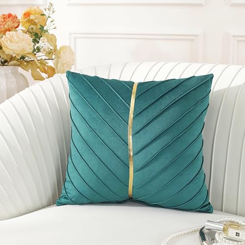 TAOSON Teal Velvet Throw Pillow Covers,Pack of 2 with Gold Leather Valentines Day Decor Couch Pillowcases Luxury Modern Pillow Cover for Wedding Living Room Bedroom Sofa Cushion Bed, 18x18 inch