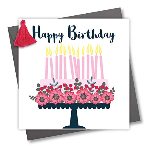 Claire Giles Greeting Cards, Happy Birthday Card, Pretty Cake Design Greeting Card, Embellished with a Colourful Tassel
