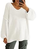 Saodimallsu Womens Oversized V Neck Sweaters Chunky Knit Lantern Long Sleeve Fall Winter Slouchy Tunic Sweater Tops White