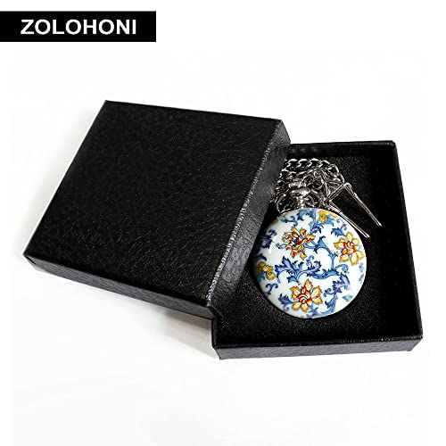 Zolohoni Pocket Watch Stainless Steel Mechanical Hand-Wind Retro Skeleton Dial Flowers With Chain For Womens #TOP6