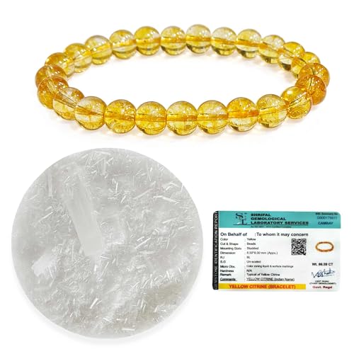 Image of SOLAVA Citrine Bracelet Original Certified with Selenite Plate | Yellow Citrine Crystal Stone Bracelet for Men & Women | Natural 8mm Beads for Money, Success & Energy Cleansing