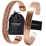 Copper Bracelets for Arthritis - Therapy Magnetic Bracelets for Men and Women with 6 Powerful Magnets - Effective and Natural Relief for Joint Pain and Arthritis (Set of 2 Hammered and Chain Inlay)