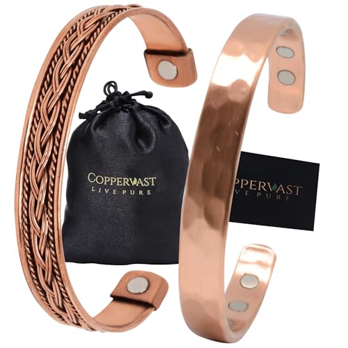 Coppervast Copper Bracelets- for Men and Women| Set of 2 with Gift Box| Gift for Women & Men| Handmade 100% Copper (Hammered and Chain Inlay)