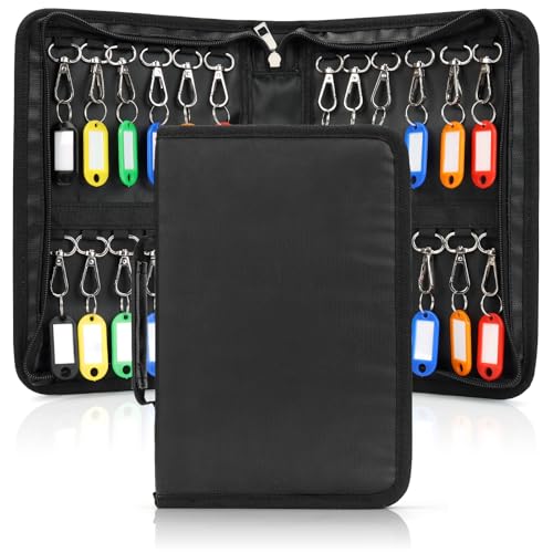 Qulable Zippered Key Case Organiser - Waterproof & Fireproof Key Binder with 24 Hooks & Tags - Portable Key Safe Box, Outdoor Key Safe, Key Storage Solution for Home Office Hotels (24 Keys)