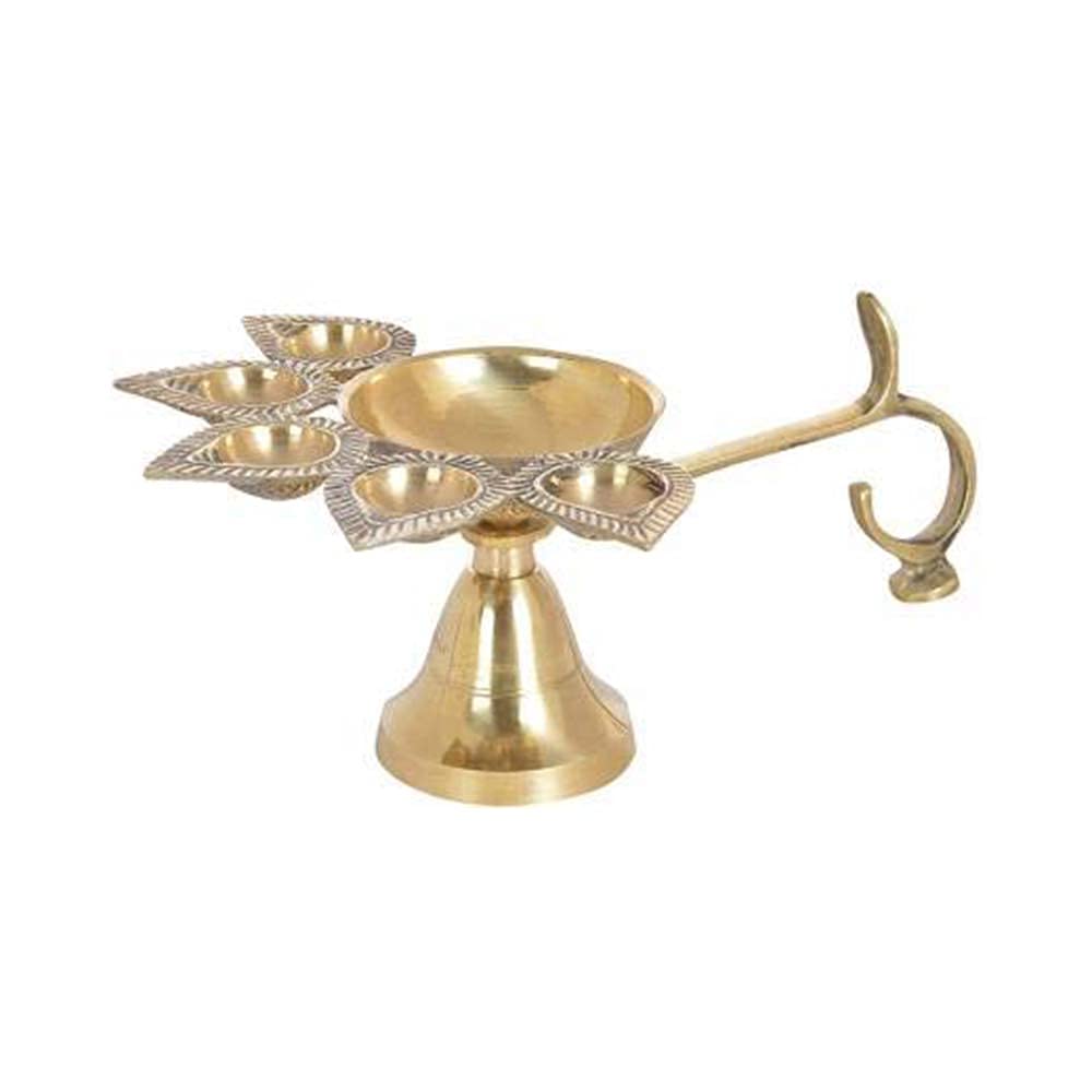 Aashita Creations Brass Panchmukhi Diya For Aarti/Jyot Diva/Table Dia/Pooja Deepak/Puja Deep | Gold