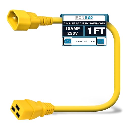 Image of IronBox Electric - Heavy-Duty C14 to C19 Power Cord, 15A, 250V, 14 /3 SJT - IEC60320 PC Cable for Computer Extensions, Monitor, PSU - C14 Male to C19 Female Connector Power Cable - (Yellow 1 Foot)