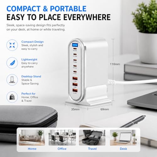 Image of CUBONIC 600W GaN Charging Station, 8-Port Dock with 5 USB-C & 3 USB-A Desktop Charger with Digital Display and Desk Stand, Multiport Charging Hub for Home, Office, Workstation & Travel