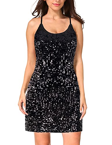 MANER Women's Glitter Sequin Dress Adjustable Spaghetti Strap Sparkle Party Dresses