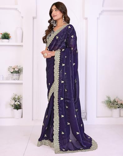 Image of Yashika Women's Organza Satin Butti Work With Zari Lace Border Embroidered Saree| Women Sari