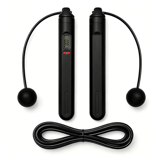 Dual-Use Digital Counter Skipping Rope, 1.18in Cordless Balls & Steel Wire Core Adjustable PVC Rope, 360° Tangle-Free Workout Jumprope for Beginners & Indoor Outdoor Fitness, Black