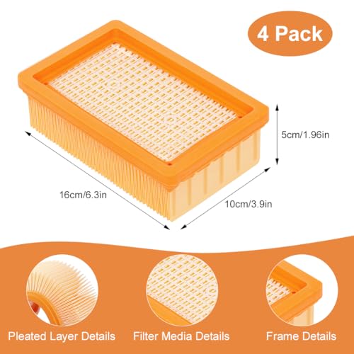 Vicloon 4-pak części zamiennych filtrów do odkurzacza Karcher MV4 MV5 MV6 WD4 WD5 WD6 na mokro i na sucho, płaskie plisowane filtry Hoover kompatybilne z odkurzaczem Karcher i filtrem Karcher Hoover